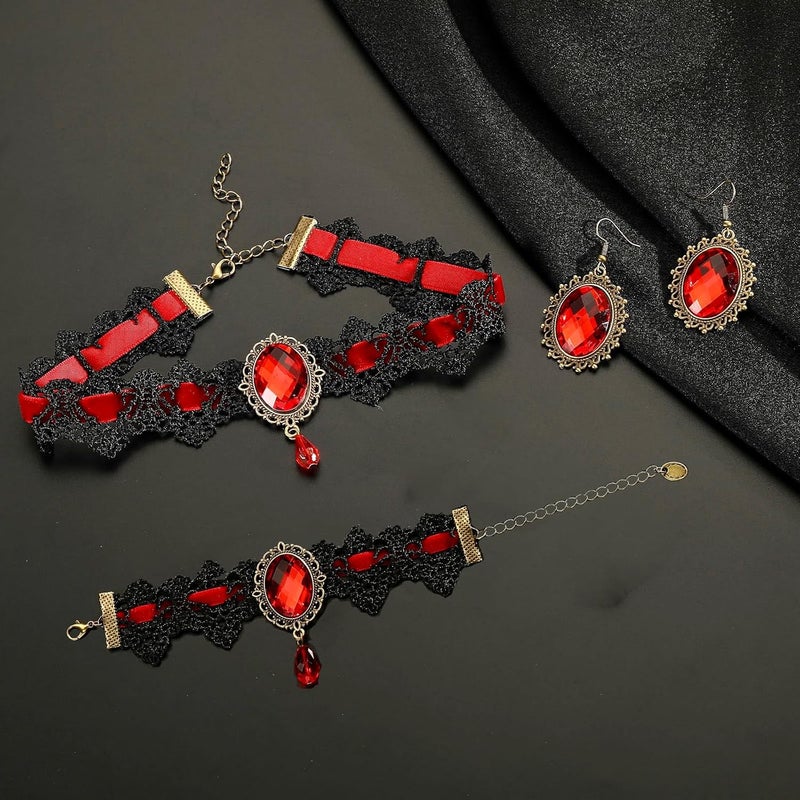 ELLEZZA Gothic Victorian Style Vampire Choker Necklace Bracelet Earrings Set,Halloween Pirate Steampunk Witch Vampire Costume Accessories Jewelry for Women,Adjustable Size - Image 4